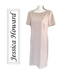 JESSICA HOWARD Beaded Neck Beige Sheath Dress Elegant Party Cocktail Size 12